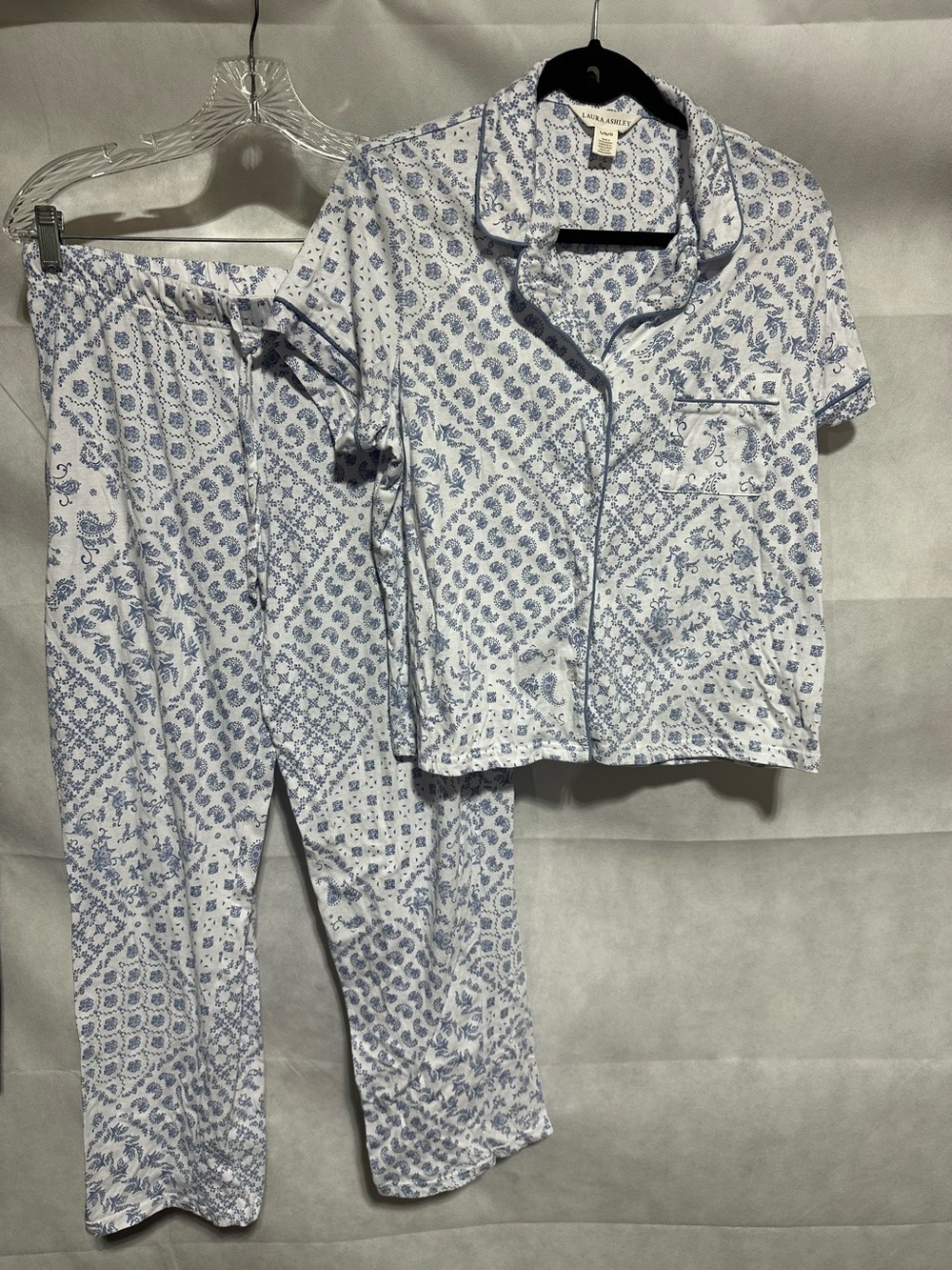Laura Ashley Blue Floral Paisley Cotton Pajama Set Sz Large Short Sleeve Lounge